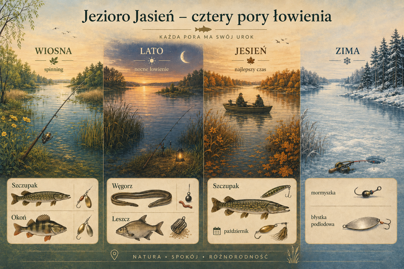 Jezioro Jasień - cztery pory łowienia (infografika)