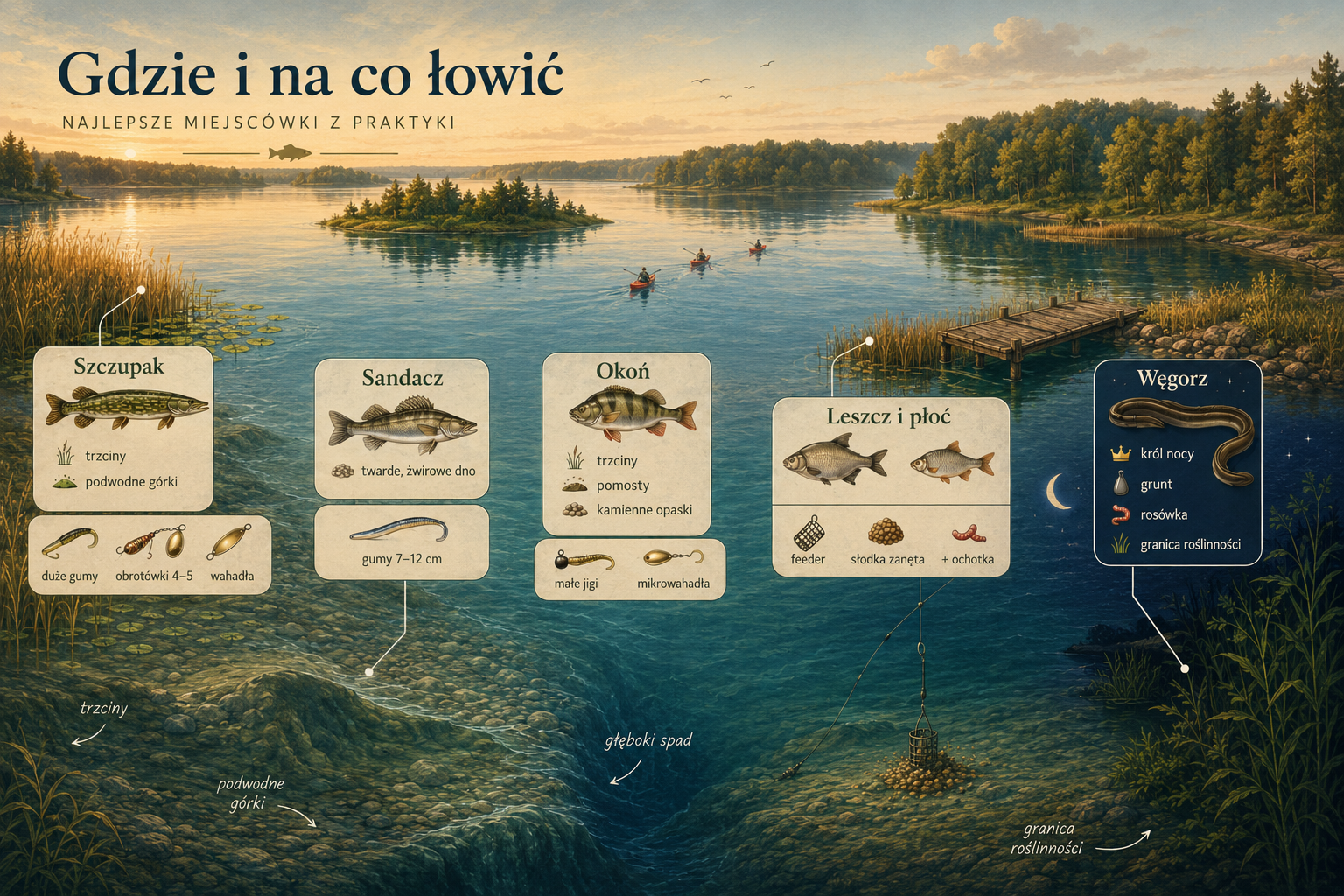 Gdzie i na co łowić na jeziorze Jasień - infografika