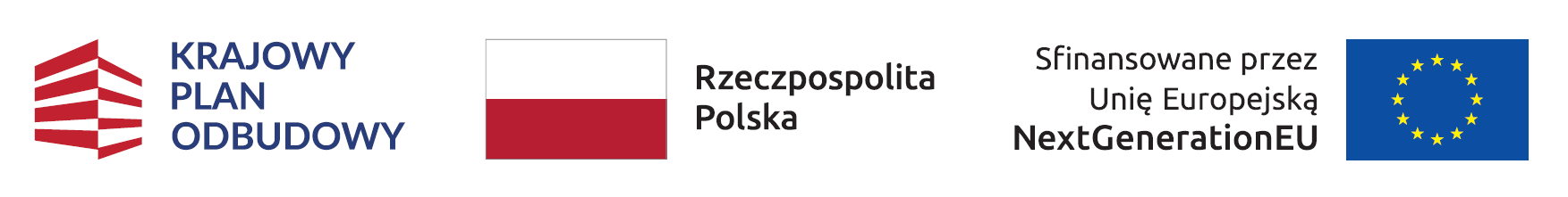 Logotypy: Krajowy Plan Odbudowy, Rzeczpospolita Polska, Sfinansowane przez Unię Europejską - NextGenerationEU